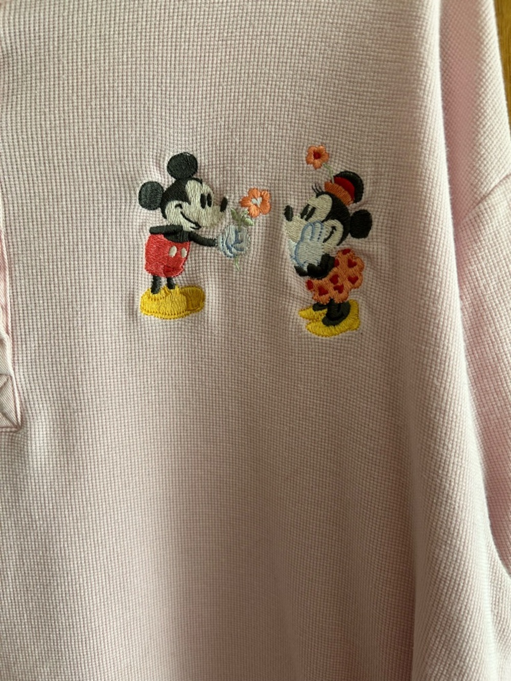 Disney Light Pink Crewneck waffle knit top with Embroidered Mickey & Minnie